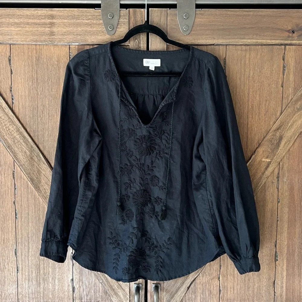 Gap Womens Embroidered Tie Front Top Black Linen/Cotton Blend Size Medium - Picture 4 of 9